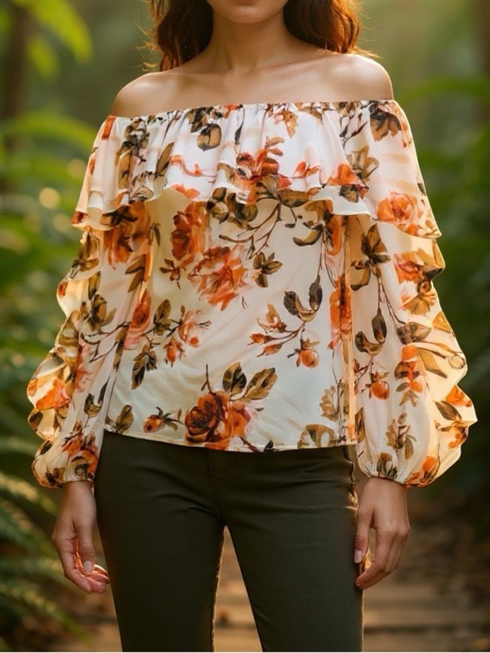 White House Black Market WHBM Terrace & Palomino Floral Ruffle Blouse Top XS